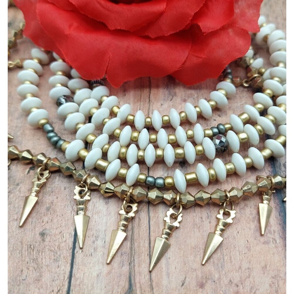 Plunder Multi-Layered Gold Tone &amp; White Beaded Necklace With Spiked Charms